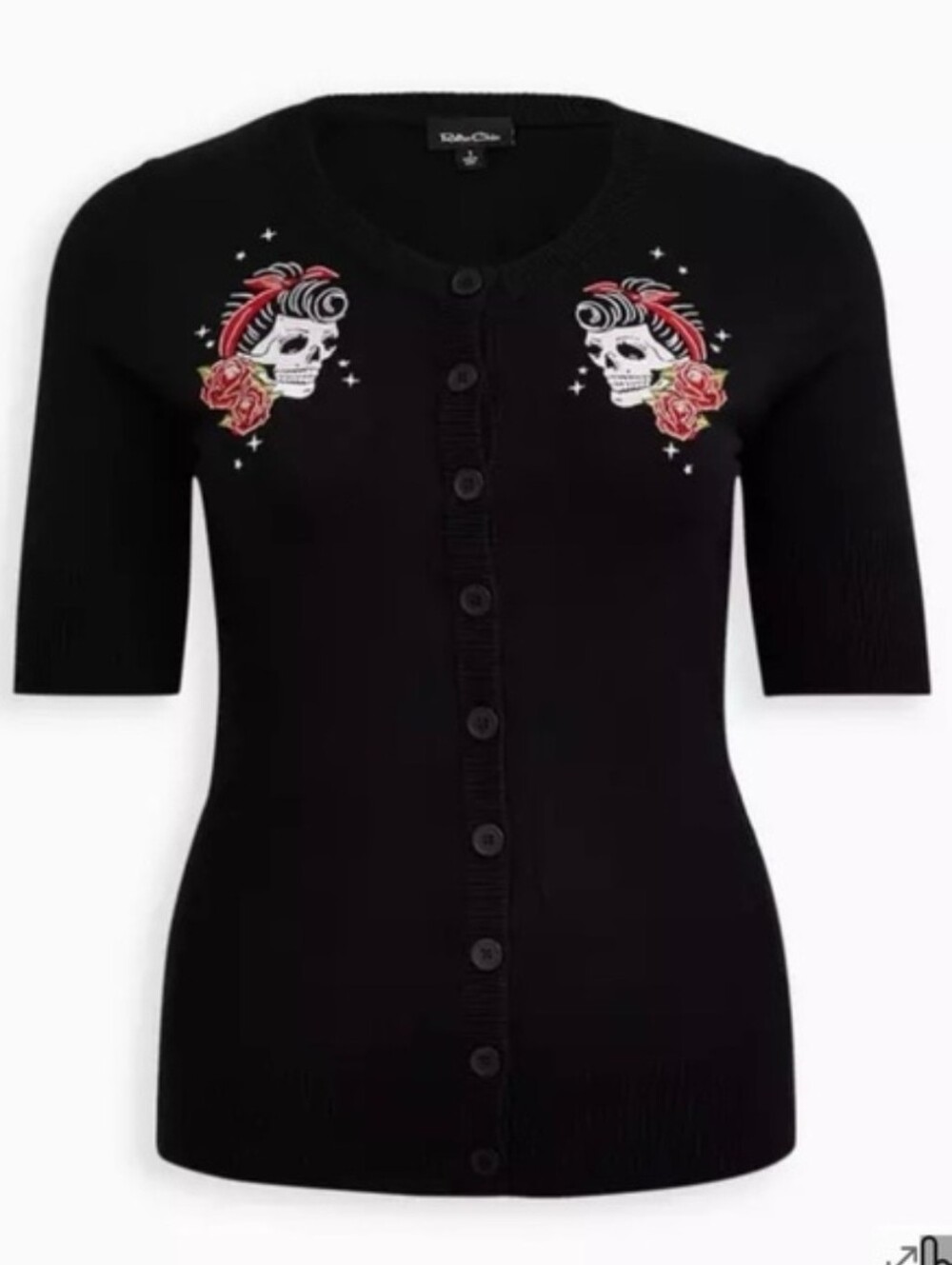 Retro Chic Skull Embroidered Black Button-Front Women's Sweater